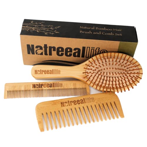 NatreeAllife - 3 יחידות מברשת שיער במבוק טבעי לנשים, גברים וילדים | כולל עיסוי קרקפת מברשת שיער, WideTooth